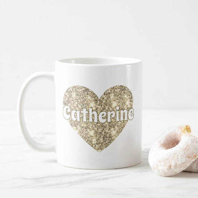 Glam Girly Gold Glitter Heart Name  Coffee Mug (With Donut)