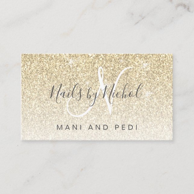 Glam Girly Gold Glitter Mani Pedi Nail Studio Business Card (Front)