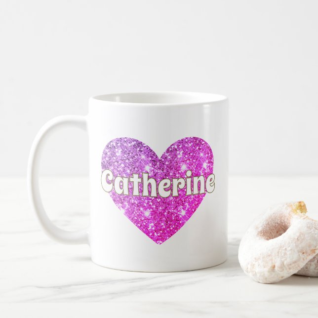 Glam Girly Hot Pink Glitter Heart Name  Coffee Mug (With Donut)