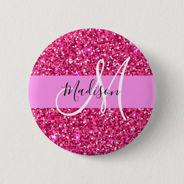 Glam Girly Hot Pink Glitter Sparkles Name Monogram 6 Cm Round Badge (Front)