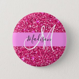 Glam Girly Hot Pink Glitter Sparkles Name Monogram 6 Cm Round Badge