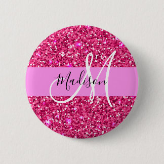 Glam Girly Hot Pink Glitter Sparkles Name Monogram 6 Cm Round Badge