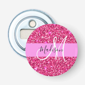 Glam Girly Hot Pink Glitter Sparkles Name Monogram Bottle Opener