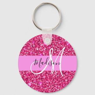 Glam Girly Hot Pink Glitter Sparkles Name Monogram Key Ring