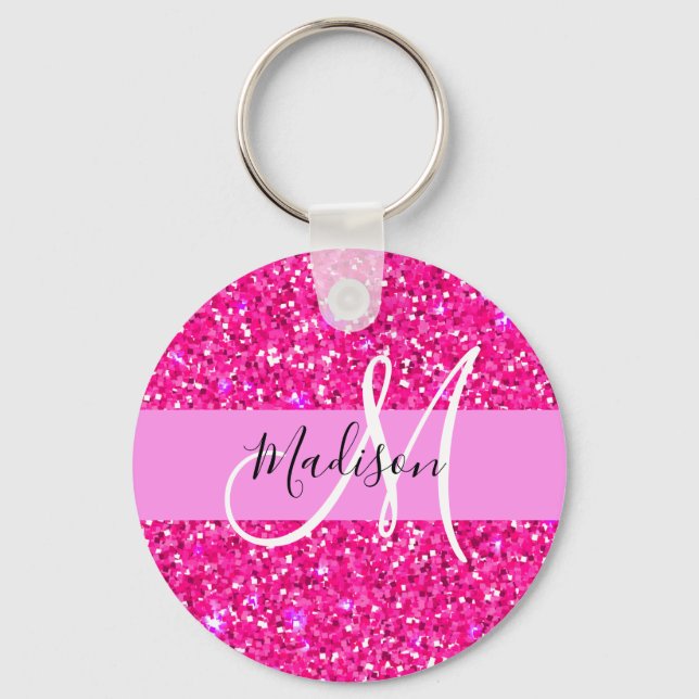 Glam Girly Hot Pink Glitter Sparkles Name Monogram Key Ring (Front)