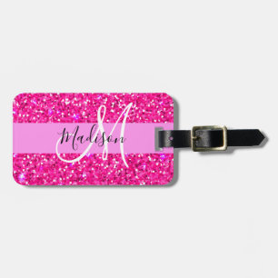 Glam Girly Hot Pink Glitter Sparkles Name Monogram Luggage Tag