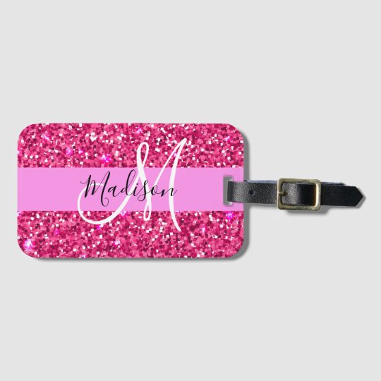 Glam Girly Hot Pink Glitter Sparkles Name Monogram Luggage Tag | Zazzle ...