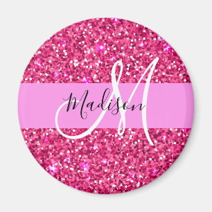 Glam Girly Hot Pink Glitter Sparkles Name Monogram Magnet