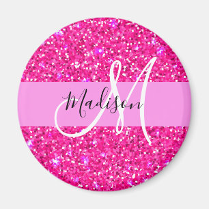 Glam Girly Hot Pink Glitter Sparkles Name Monogram Magnet
