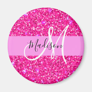 Glam Girly Hot Pink Glitter Sparkles Name Monogram Magnet