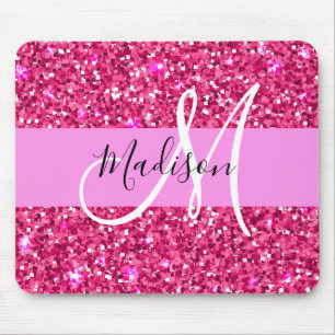 Glam Girly Hot Pink Glitter Sparkles Name Monogram Mouse Mat