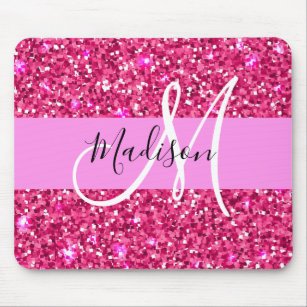 Glam Girly Hot Pink Glitter Sparkles Name Monogram Mouse Mat