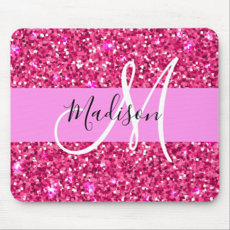 Glam Girly Hot Pink Glitter Sparkles Name Monogram Mouse Mat