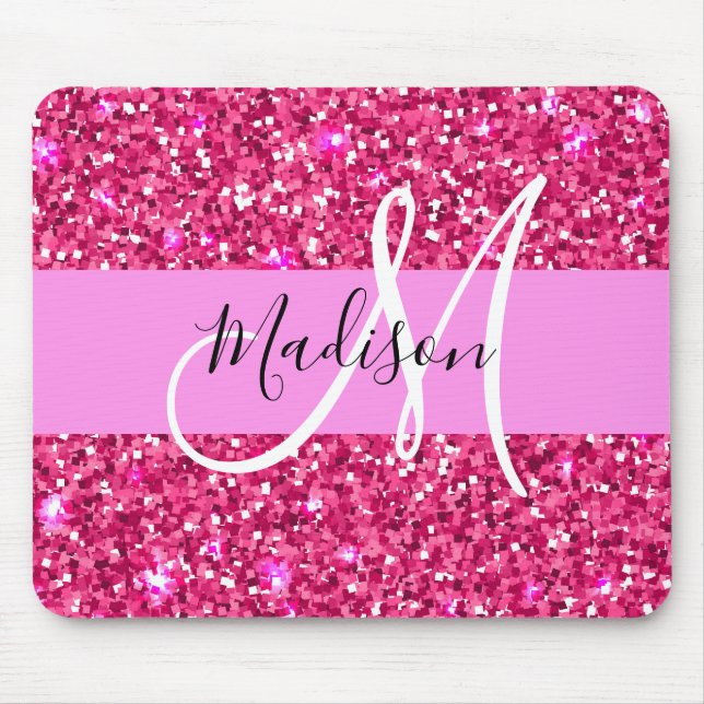 Glam Girly Hot Pink Glitter Sparkles Name Monogram Mouse Mat (Front)