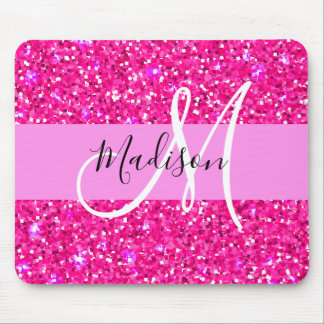 Glam Girly Hot Pink Glitter Sparkles Name Monogram Mouse Mat