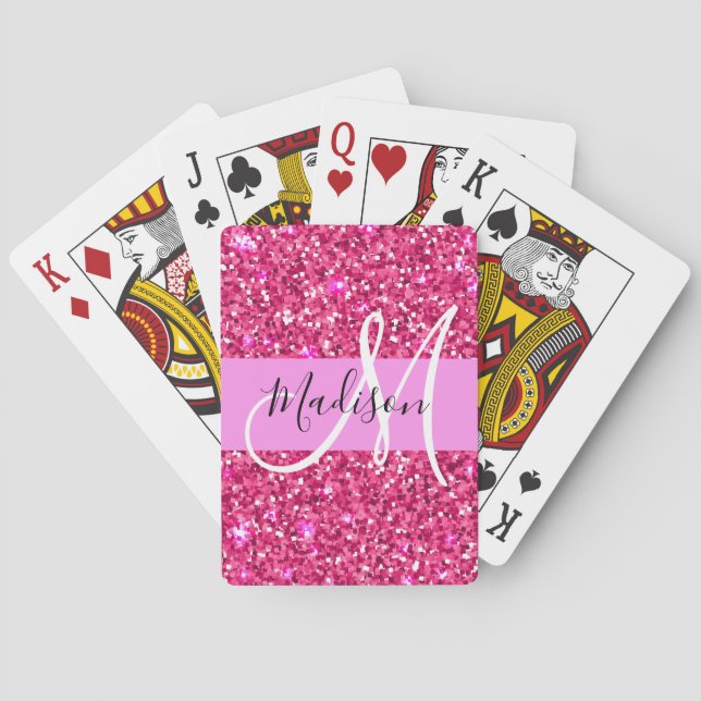 Glam Girly Hot Pink Glitter Sparkles Name Monogram Playing Cards (Back)