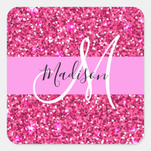 Glam Girly Hot Pink Glitter Sparkles Name Monogram Square Sticker