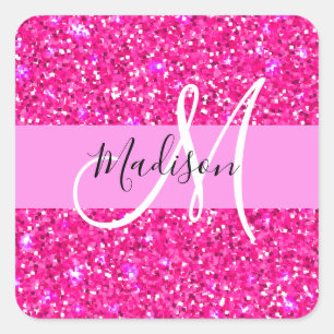 Glam Girly Hot Pink Glitter Sparkles Name Monogram Square Sticker