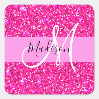 Glam Girly Hot Pink Glitter Sparkles Name Monogram Square Sticker