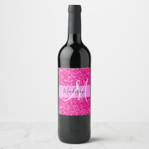 Glam Girly Hot Pink Glitter Sparkles Name Monogram Wine Label