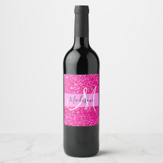 Glam Girly Hot Pink Glitter Sparkles Name Monogram Wine Label