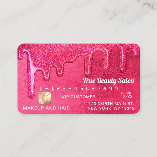 Glam Girly Neon Pink Thick Glitter Drips Credit Business Card (Front)