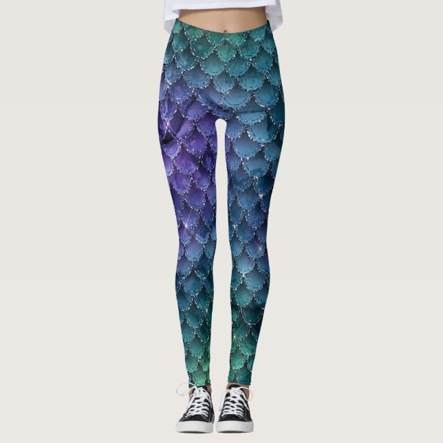 GLAM GIRLY OCEAN BLUE GLITTER MERMAID LEGGINGS (Front)