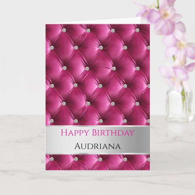 Glam Girly Pink Faux Velvet Silver Birthday Card (Orchid)