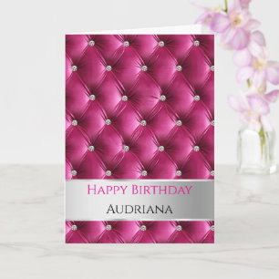 Glam Girly Pink Faux Velvet Silver Birthday Card