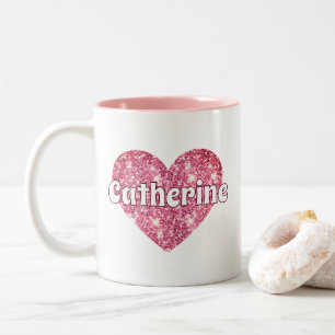 Glam Girly Pink Glitter Heart Name Two-Tone Coffee Mug