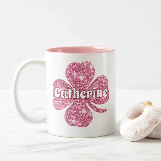 Glam Girly Pink Glitter Lucky Clover Name  Two-Tone Coffee Mug (With Donut)
