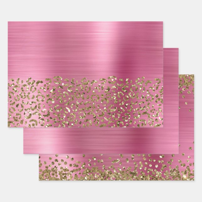 Glam Girly Pink Gold Leopard Wrapping Paper Sheet (Set)