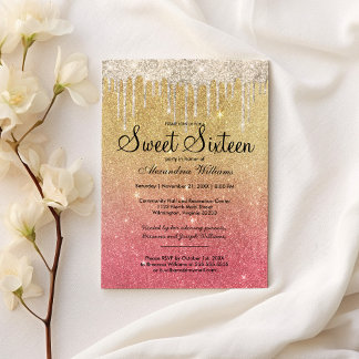 Glam girly pink gold ombre glitter drips Sweet 16 Invitation