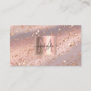 Glam Girly Rose Gold Flakes Gitter Monogram Business Card