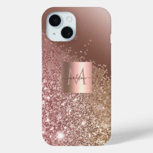 Glam Girly Rose Gold Gitter Design Name Monogram iPhone 15 Case