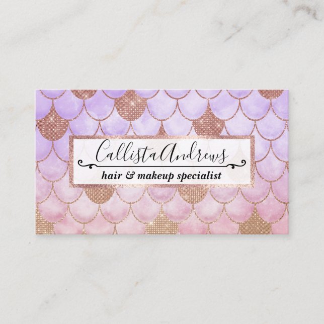 Glam Girly Rose Gold Glitter Mermaid Scales Business Card (Front)