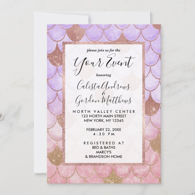 Glam Girly Rose Gold Glitter Mermaid Scales Invitation (Front)