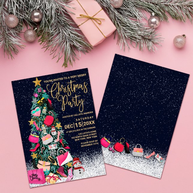 Glam Girly Shoes Purse Makeup Christmas Tree Invitation (Creator Uploaded)