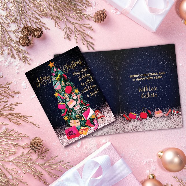 Glam Girly Shoes Purse Makeup Christmas Tree Vivid Card (Creator Uploaded)