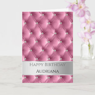 Glam Girly Soft Pink Faux Velvet Silver Birthday Card