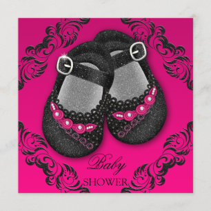 Glam Glitter Baby Shoes Hot Pink Black Baby Shower Invitation