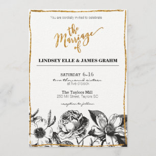 Glam Glitter Black and White Floral Wedding Invite