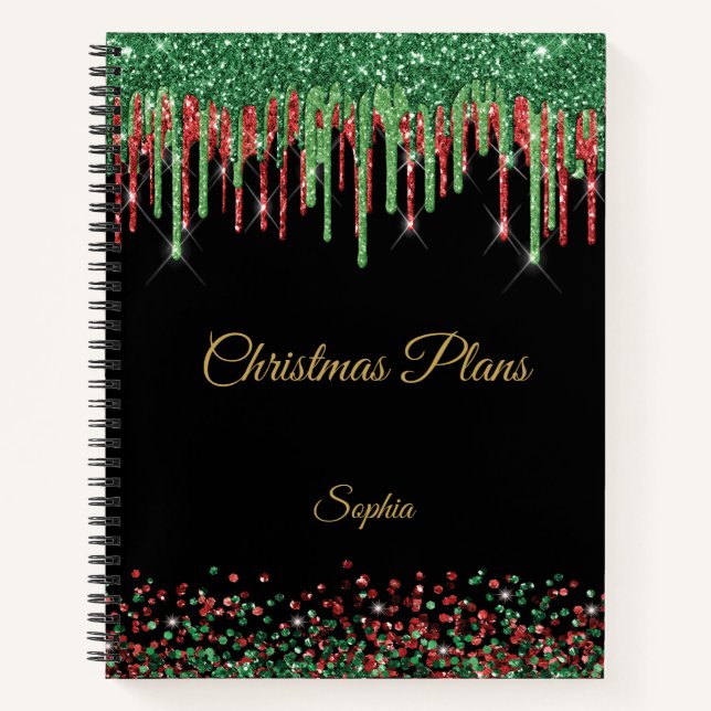 Glam Glitter Drip Red & Green Christmas  Notebook (Front)
