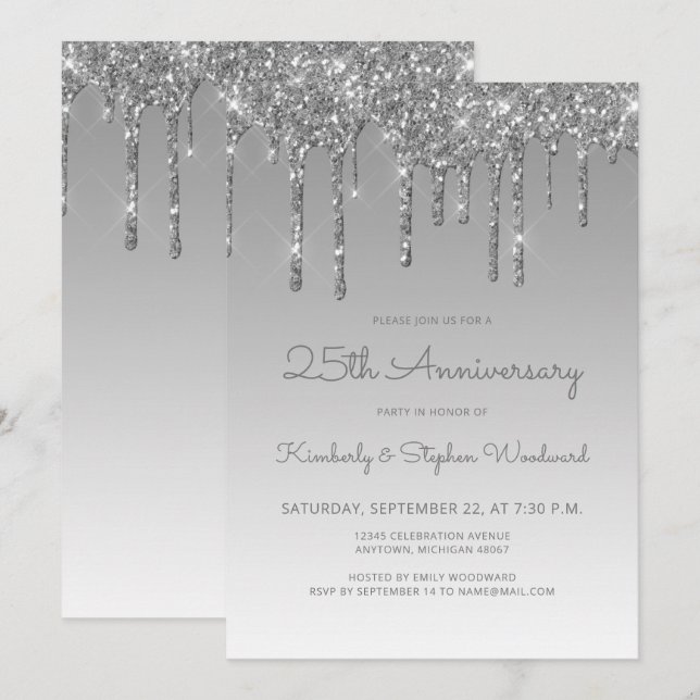 Glam Glitter Drip Silver 25th Anniversary Party Invitation (Front/Back)