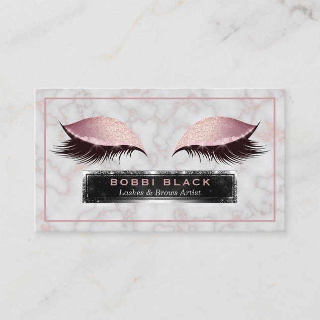 Glam Glitter Eyelash Extensions Rose Gold Marble Business Card (Front)