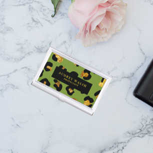 Glam Glitter Gold Green Black Leopard Animal  Business Card Holder