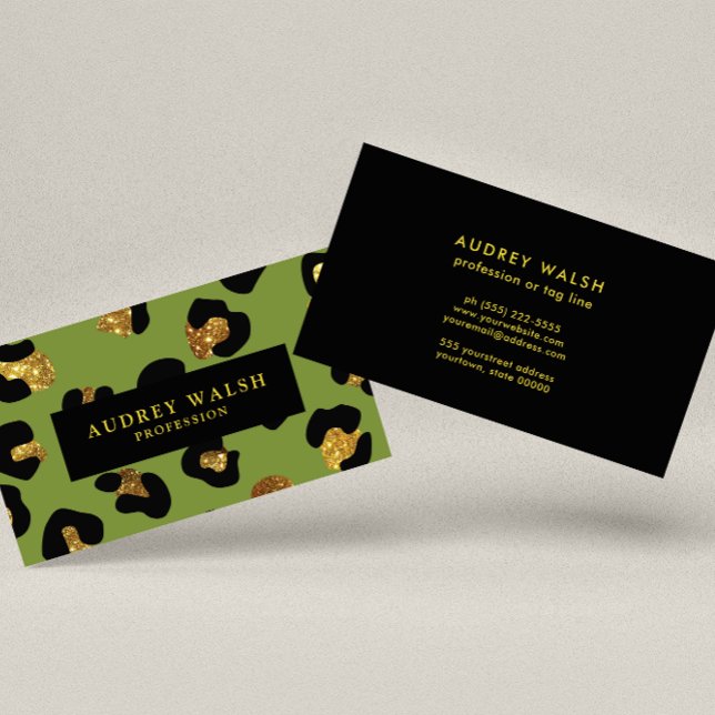 Glam Glitter Gold Green Leopard print  Luxury Business Card (Creator Uploaded)