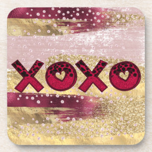 Glam Glitter Gold Red Luxe XOXO Valentines  Coaster