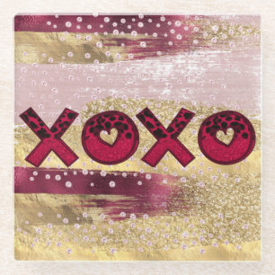 Glam Glitter Gold Red Luxe XOXO Valentines Glass Coaster