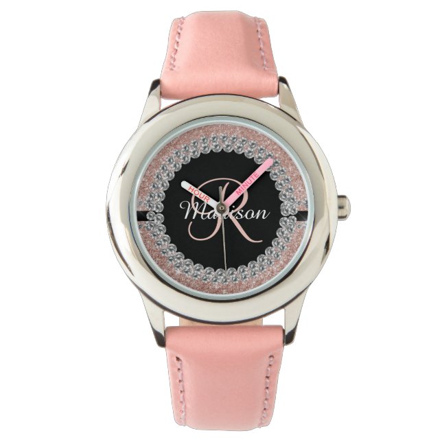 Glam Glitter Look Rose Gold Diamond Monogram  Watch (Front)